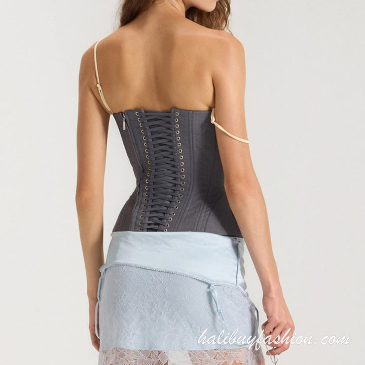 Lace patchwork lace up corset bustier top - Halibuy - 4
