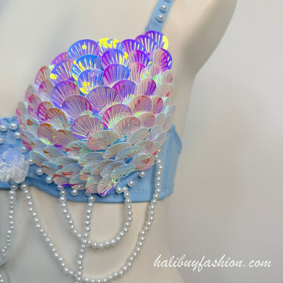 Spaghetti strap shell applique beaded glitter tassels bralette - Halibuy - 4