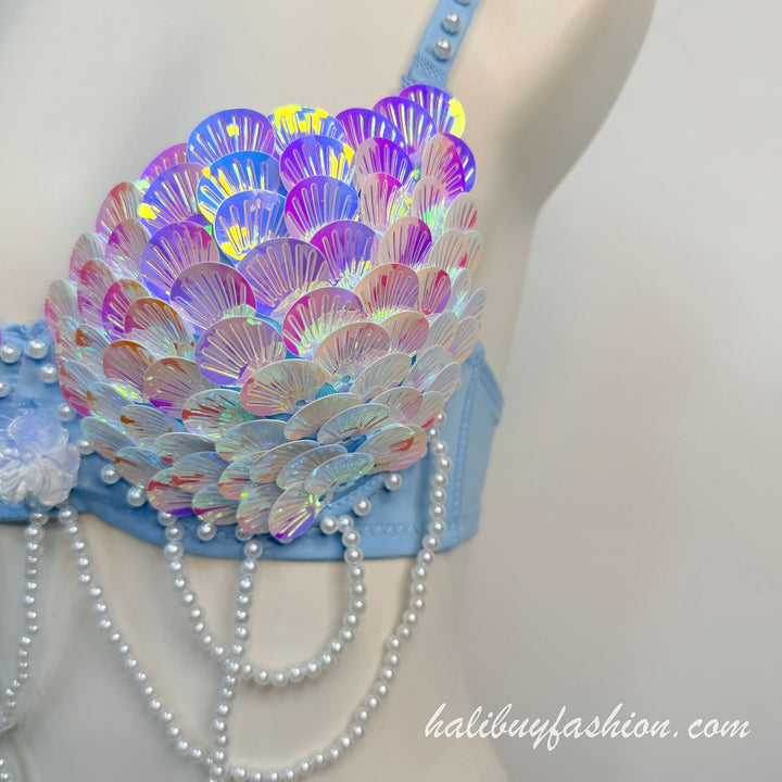 Spaghetti strap shell applique beaded glitter tassels bralette - Halibuy - 4