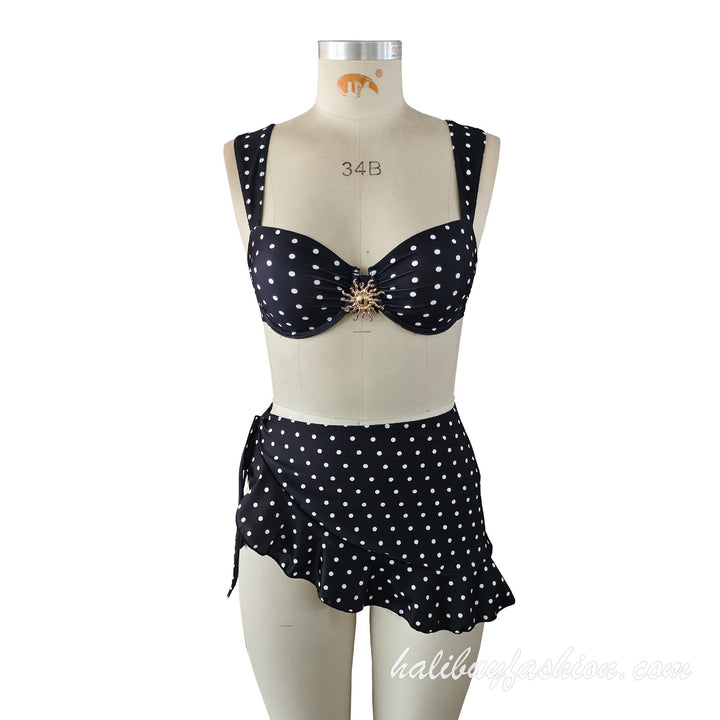 Polka dot spaghetti strap ruffle padded self tie buckle swimwear - Halibuy - 4