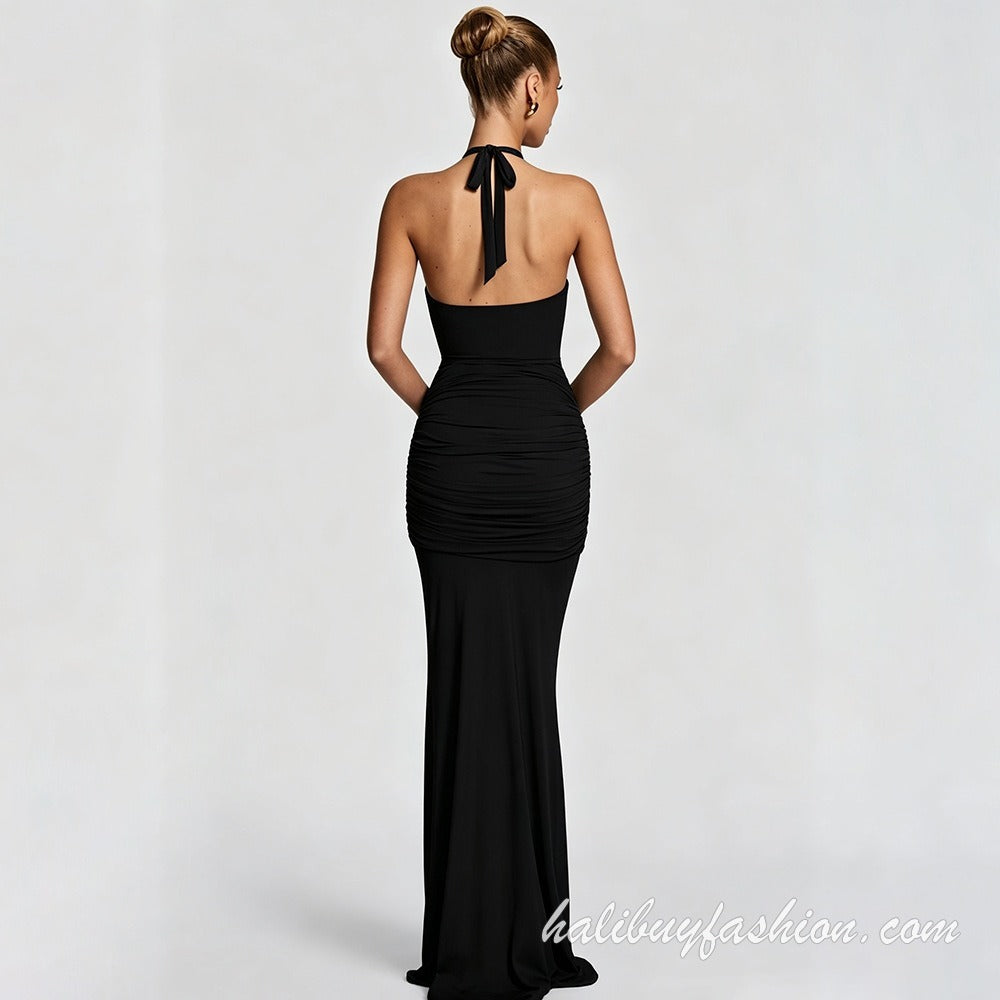 Halter sleeveless solid cut out ruched backless maxi dress - Halibuy - 4