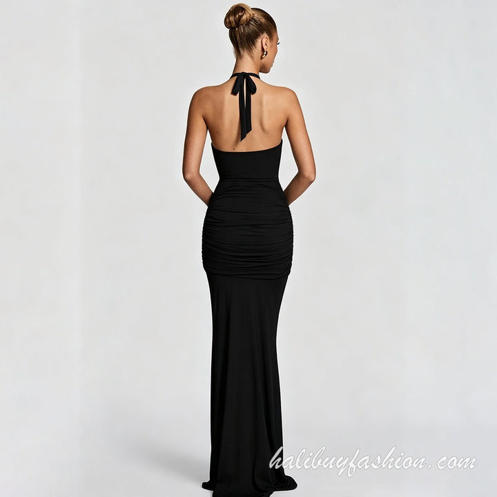 Halter sleeveless solid cut out ruched backless maxi dress - Halibuy - 4