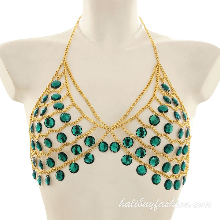 Halter beaded metal chain crystal hollow out bralette - Halibuy - 4