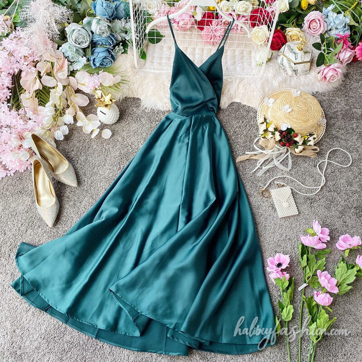 V neck satin cross back cami maxi dress