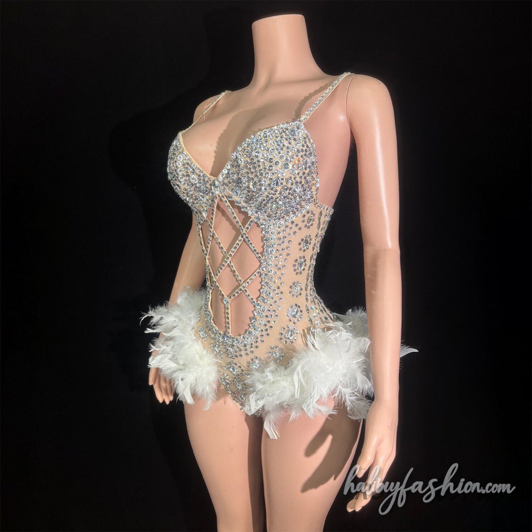 Hollow out beaded feather v neck cami romper