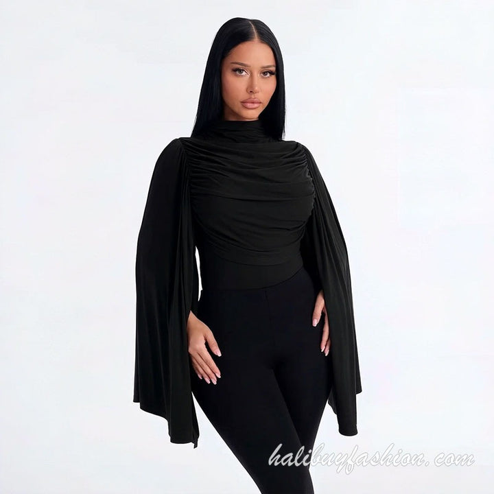 Turtle neck long flared sleeve ruched solid knit bodysuit - Halibuy - 5