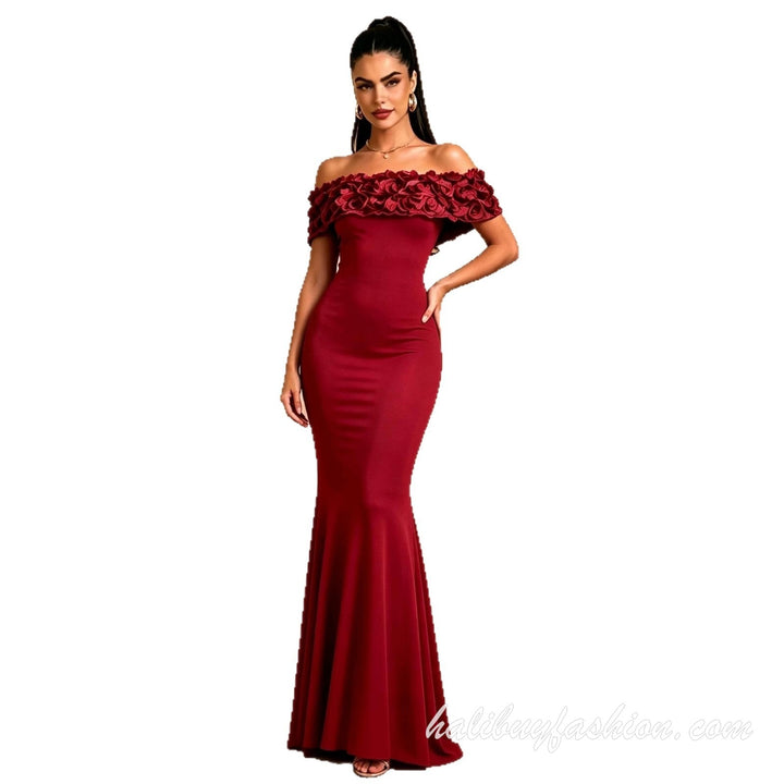 Off shoulder applique solid knit maxi dress - Halibuy - 5