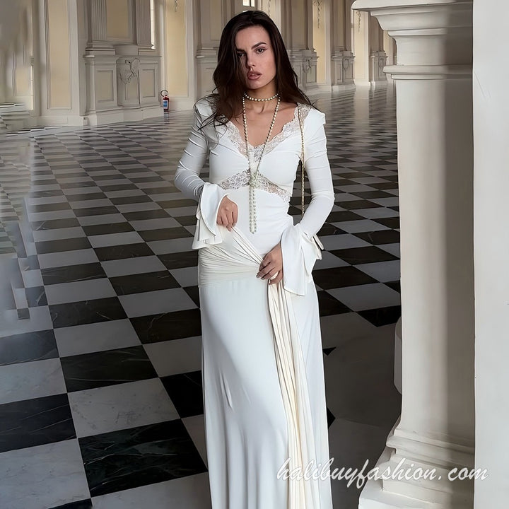 V neck long sleeve ruffle ruched solid maxi dress - Halibuy - 5