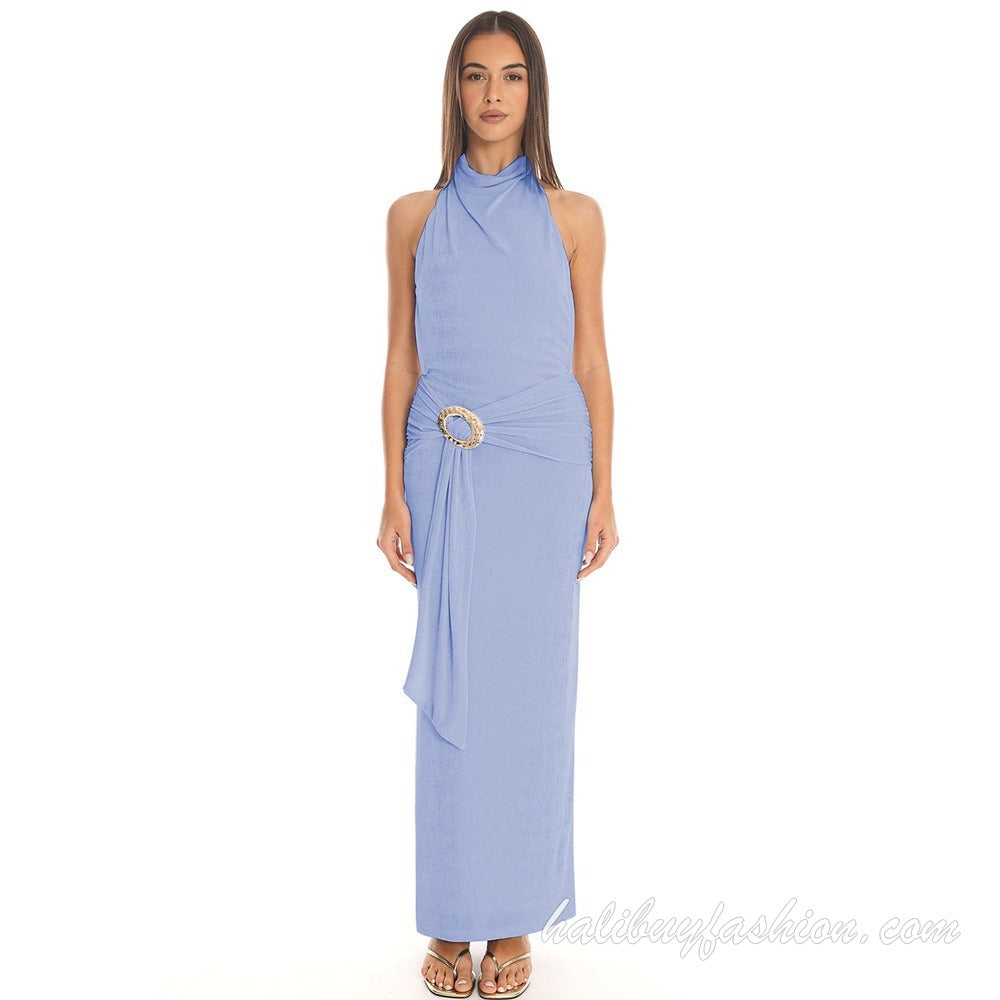 Halter sleeveless backless ruched solid buckle maxi dress - Halibuy - 5