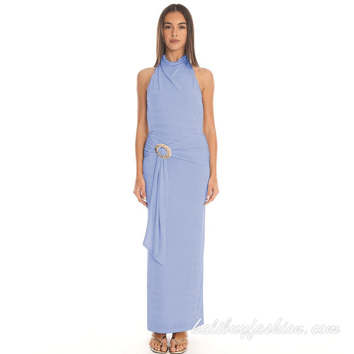 Halter sleeveless backless ruched solid buckle maxi dress - Halibuy - 5