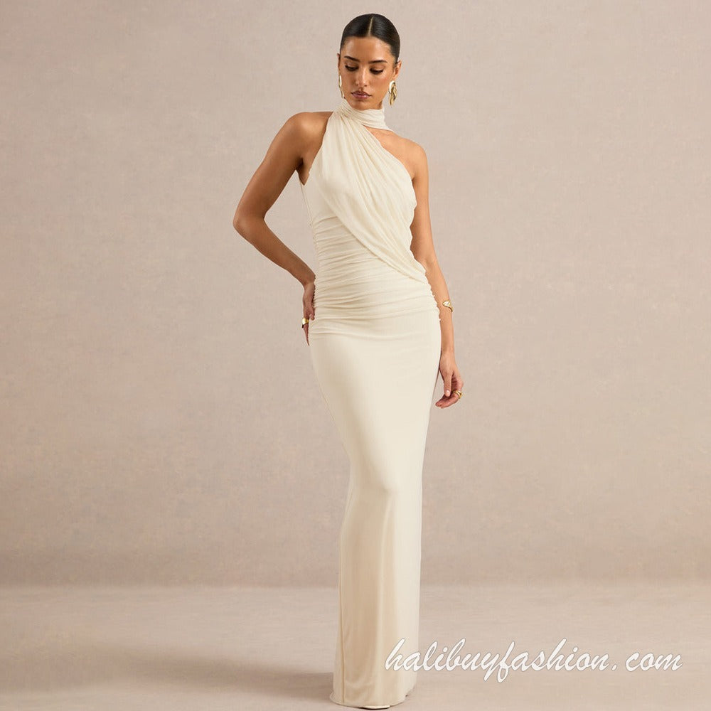 One shoulder sleeveless solid ruched backless maxi dress - Halibuy - 5