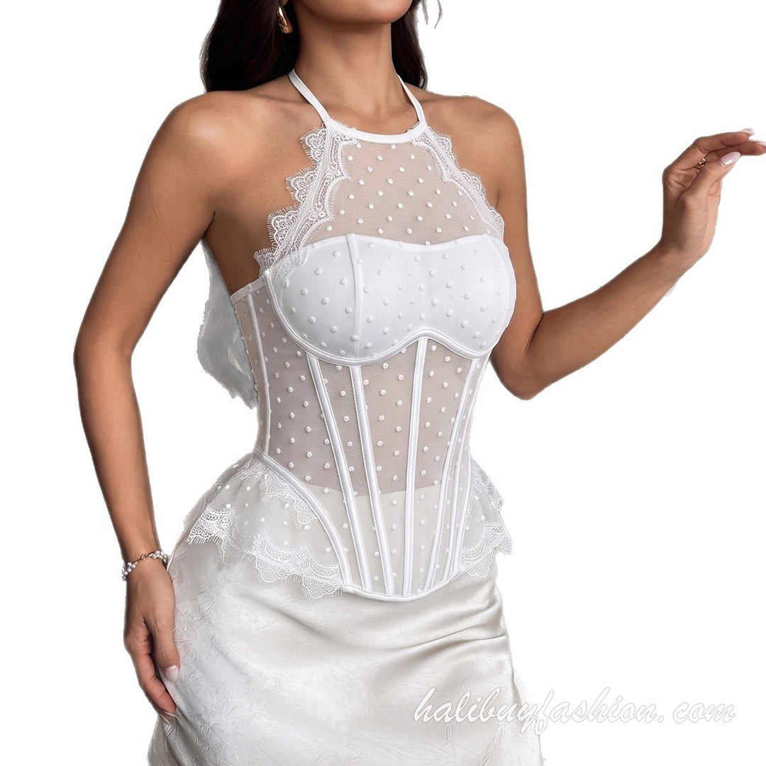 Halter polka dot mesh corset lace up backless top - Halibuy - 5