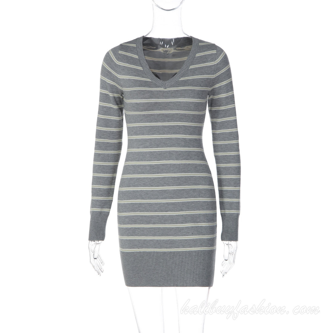 Deep v neck striped long sleeve knitted ribbed mini dress - Halibuy - 5
