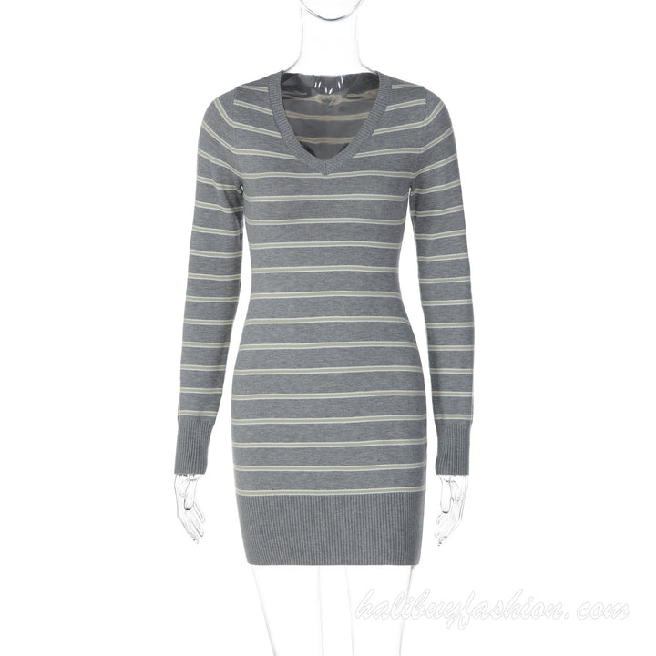 Deep v neck striped long sleeve knitted ribbed mini dress - Halibuy - 5