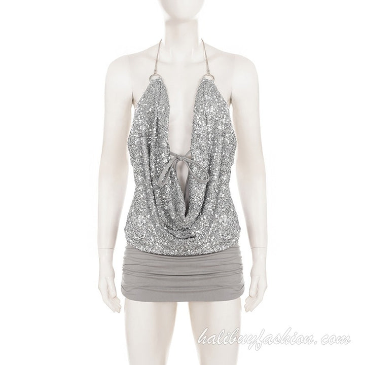 Halter glitter backless ruched drawstring metal chain mini dress - Halibuy - 5