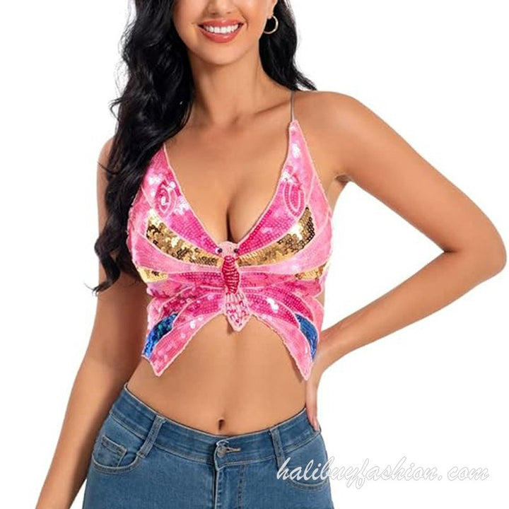 Spaghetti strap sleeveless glitter butterfly pattern deep v neck crop top - Halibuy - 5