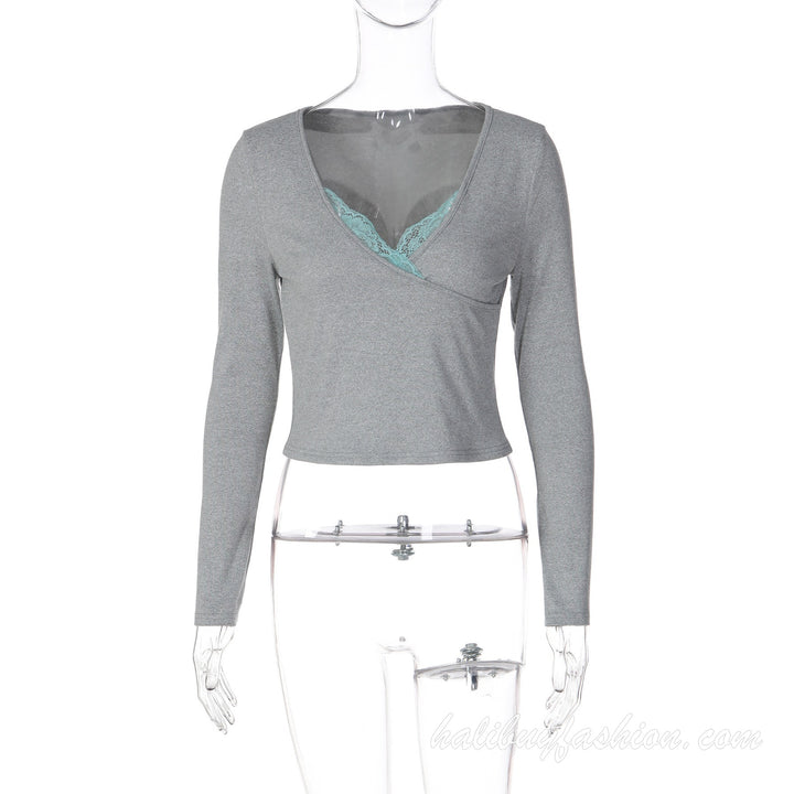 Long sleeve v neck solid cross front knitted lace crop top - Halibuy - 5