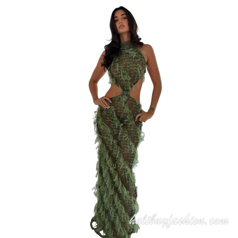 Halter sleeveless backless hollow out tassels sheer mesh maxi dress - Halibuy - 5