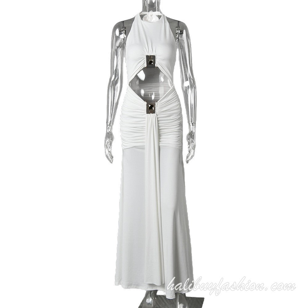 Halter sleeveless solid cut out ruched backless maxi dress - Halibuy - 5
