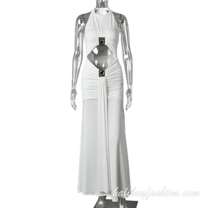 Halter sleeveless solid cut out ruched backless maxi dress - Halibuy - 5