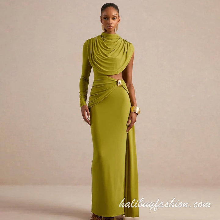 One shoulder long sleeve backless cut out high slit solid maxi dress - Halibuy - 5