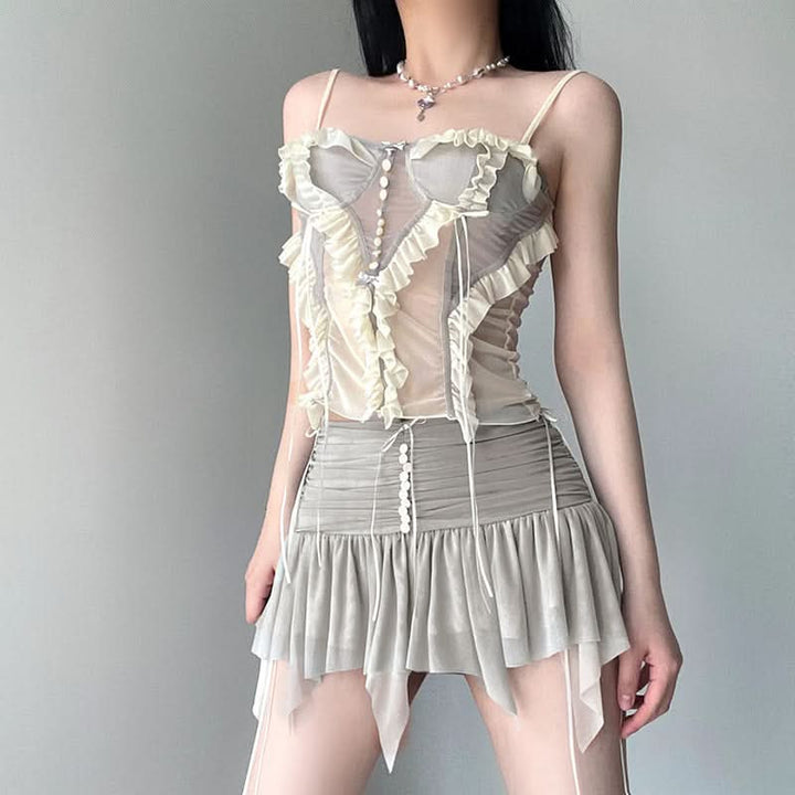 Mesh patchwork ruffle button contrast backless cami ruched skirt set-final-sale