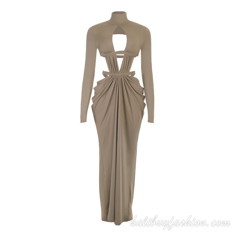 Long sleeve high neck hollow out ruched backless solid maxi dress - Halibuy - 5