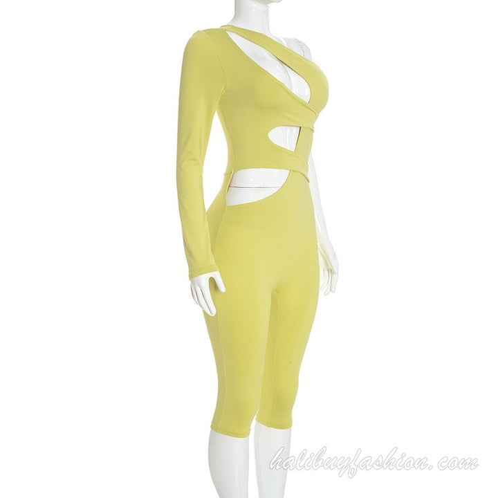 One shoulder long sleeve hollow out solid jumpsuit - Halibuy - 5