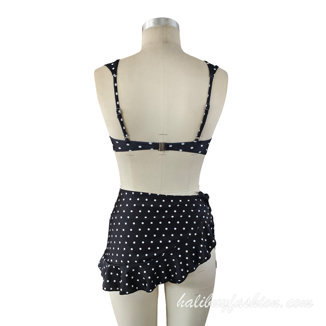Polka dot spaghetti strap ruffle padded self tie buckle swimwear - Halibuy - 5