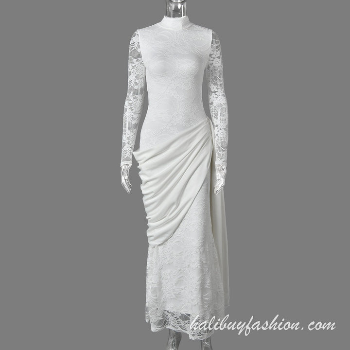High neck long sleeve lace solid ruched patchwork maxi dress - Halibuy - 5
