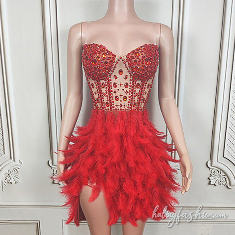 Beaded feather irregular v neck cami mini dress