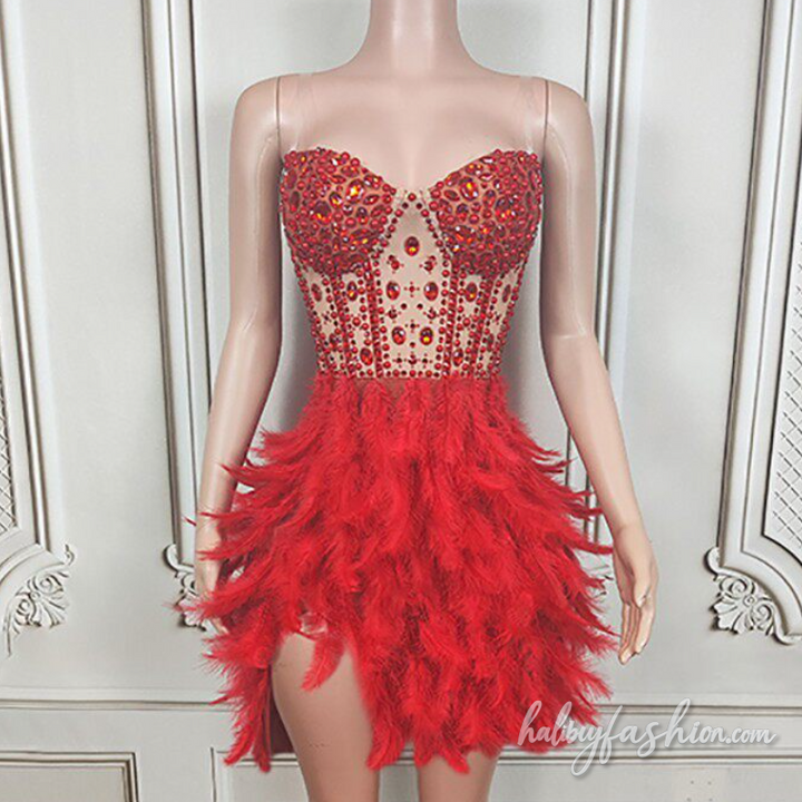 Beaded feather irregular v neck cami mini dress