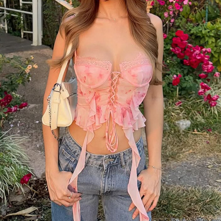 Lace up flower print ruffle cami top  | Festival Outfits Women