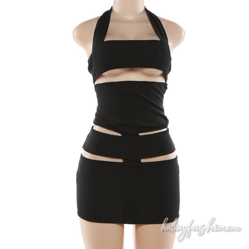 Halter hollow out square neck solid mini dress