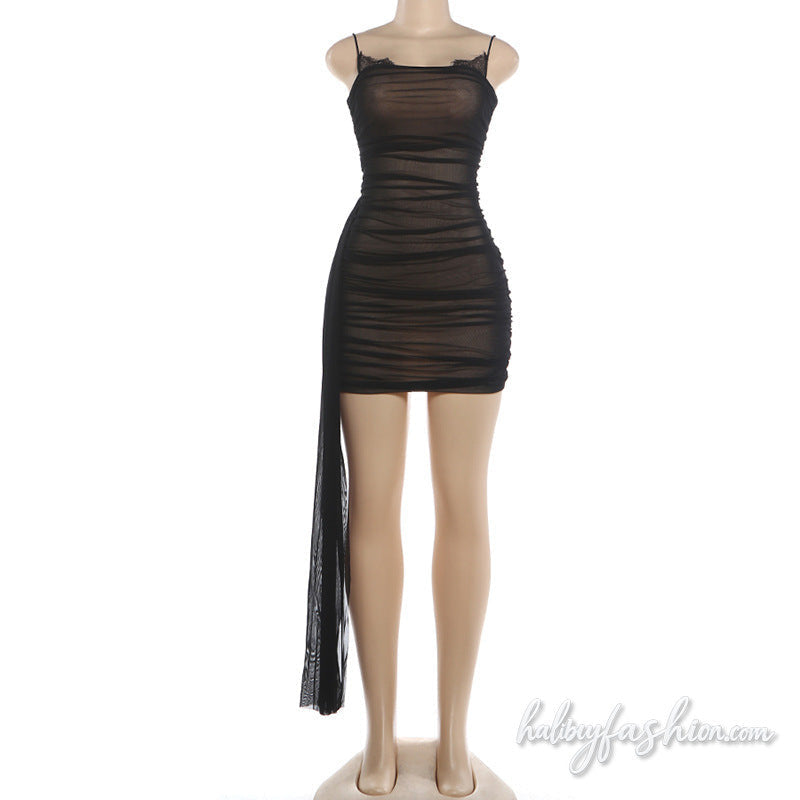 Irregular ruched lace hem spaghetti strap mini dress - Halibuy - 2