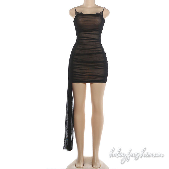 Irregular ruched lace hem spaghetti strap mini dress - Halibuy - 2