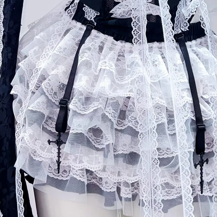 Long flared sleeve bowknot lace hem mini skirt set  | Festival Outfits Women
