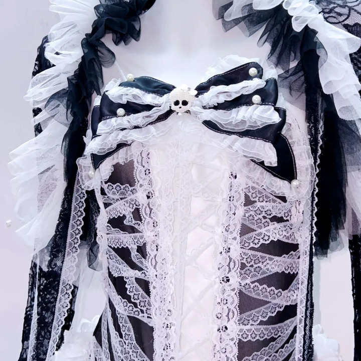 Long flared sleeve ruffle lace bowknot bodysuit  | Festival Outfits Women