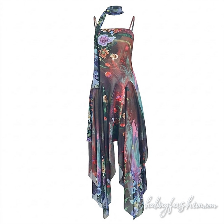 Square neck flower print mesh cami maxi dress