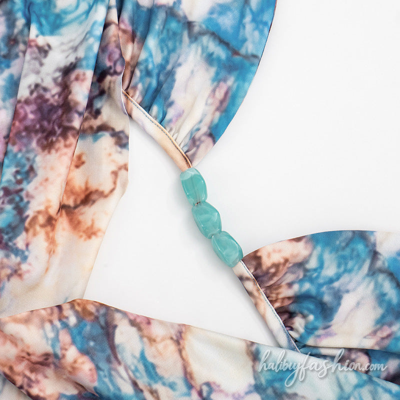Halter self tie ruched print backless mini skirt set