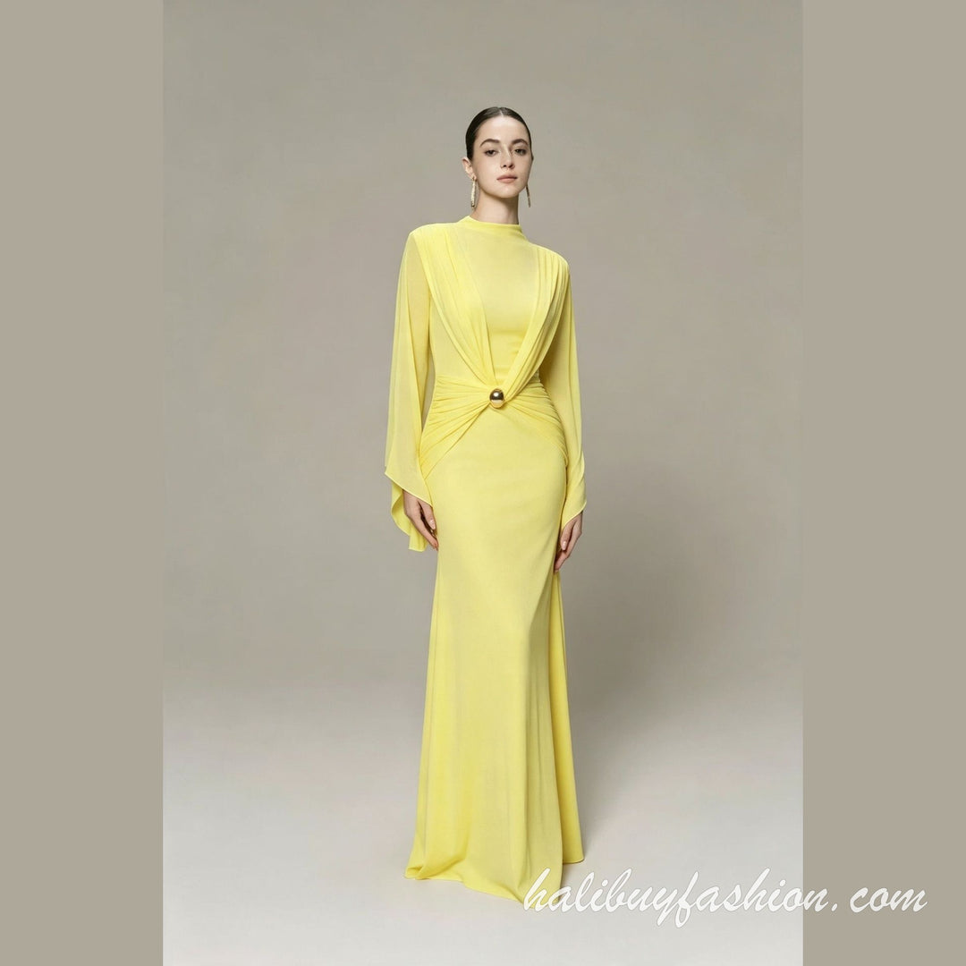 High neck long flared sleeve ruched solid button maxi dress - Halibuy - 6