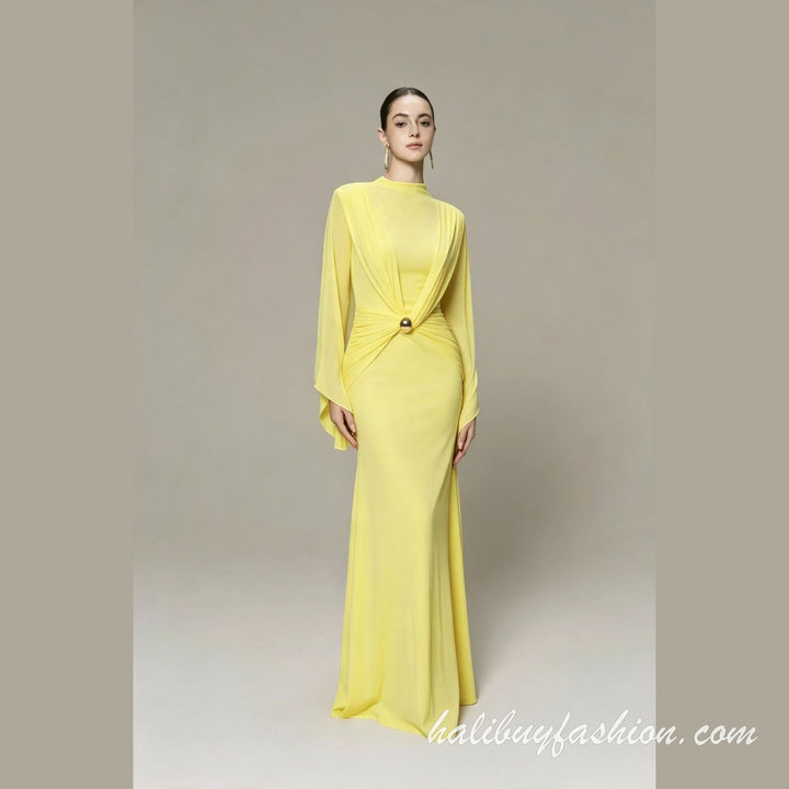 High neck long flared sleeve ruched solid button maxi dress - Halibuy - 6