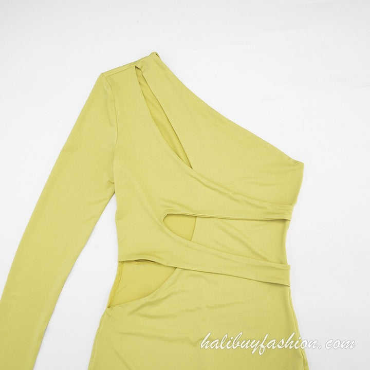 One shoulder long sleeve hollow out solid jumpsuit - Halibuy - 6