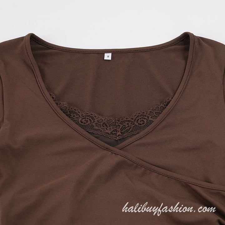 Long sleeve square neck lace mesh ruched patchwork top - Halibuy - 6