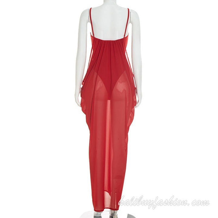 Spaghetti strap deep v neck sleeveless solid ruched cami maxi dress - Halibuy - 6