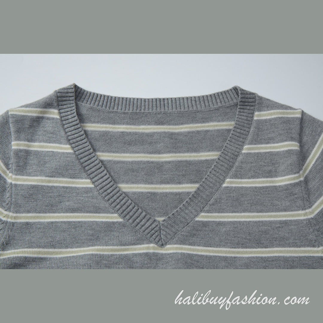 Deep v neck striped long sleeve knitted ribbed mini dress - Halibuy - 6
