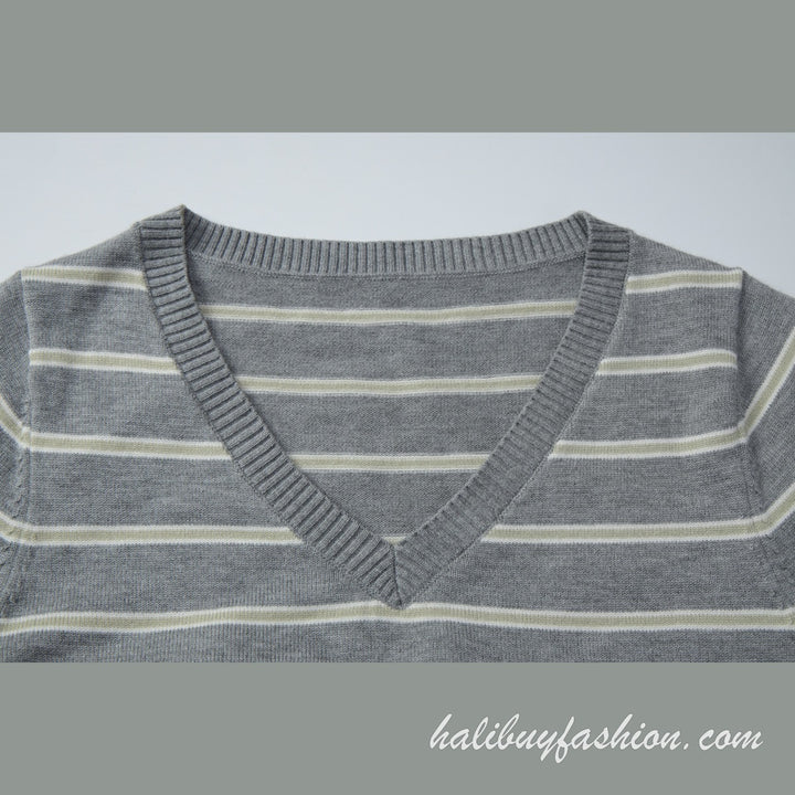 Deep v neck striped long sleeve knitted ribbed mini dress - Halibuy - 6