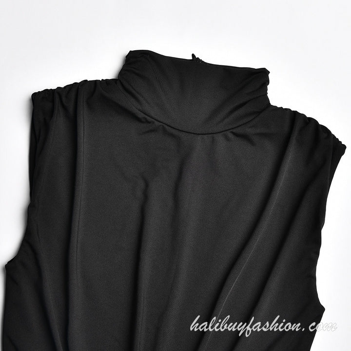 High neck sleeveless ruched solid high slit maxi dress - Halibuy - 6