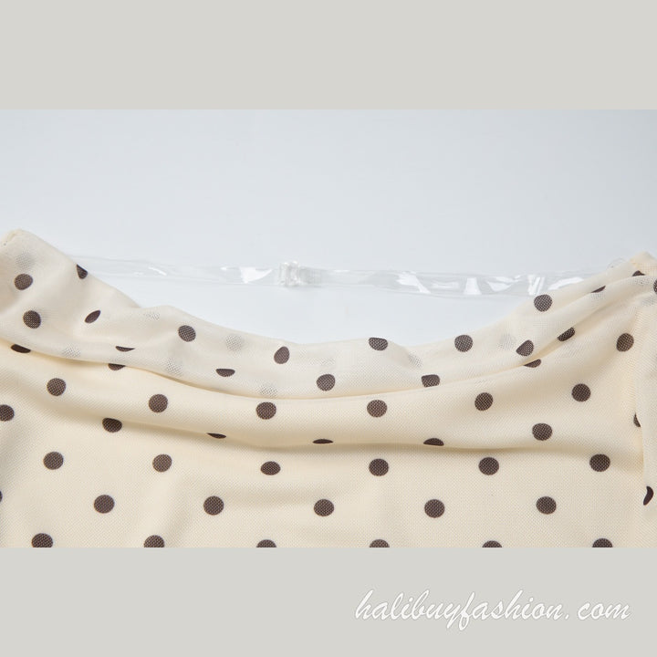Long flared sleeve polka dot print sheer mesh backless ruffle mini dress - Halibuy - 6