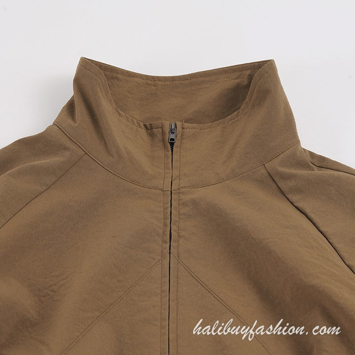 Long sleeve solid high neck zip-up drawstring ruched pant set - Halibuy - 6